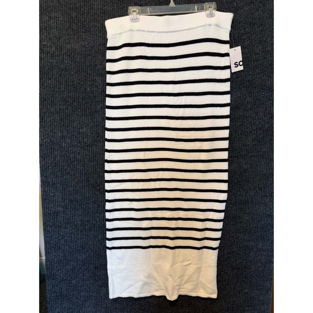 SO Black White Striped Knit Midi Skirt XXL Side Slit Ribbed Waist Minimalist